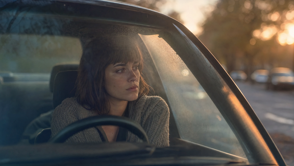 A woman sitting alone in a parked car at golden hour, looking out the window with a quiet, reflective expression