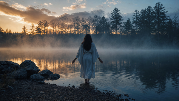 A woman in white standing at the edge of a misty lake at dusk, facing the water in a moment of quiet release