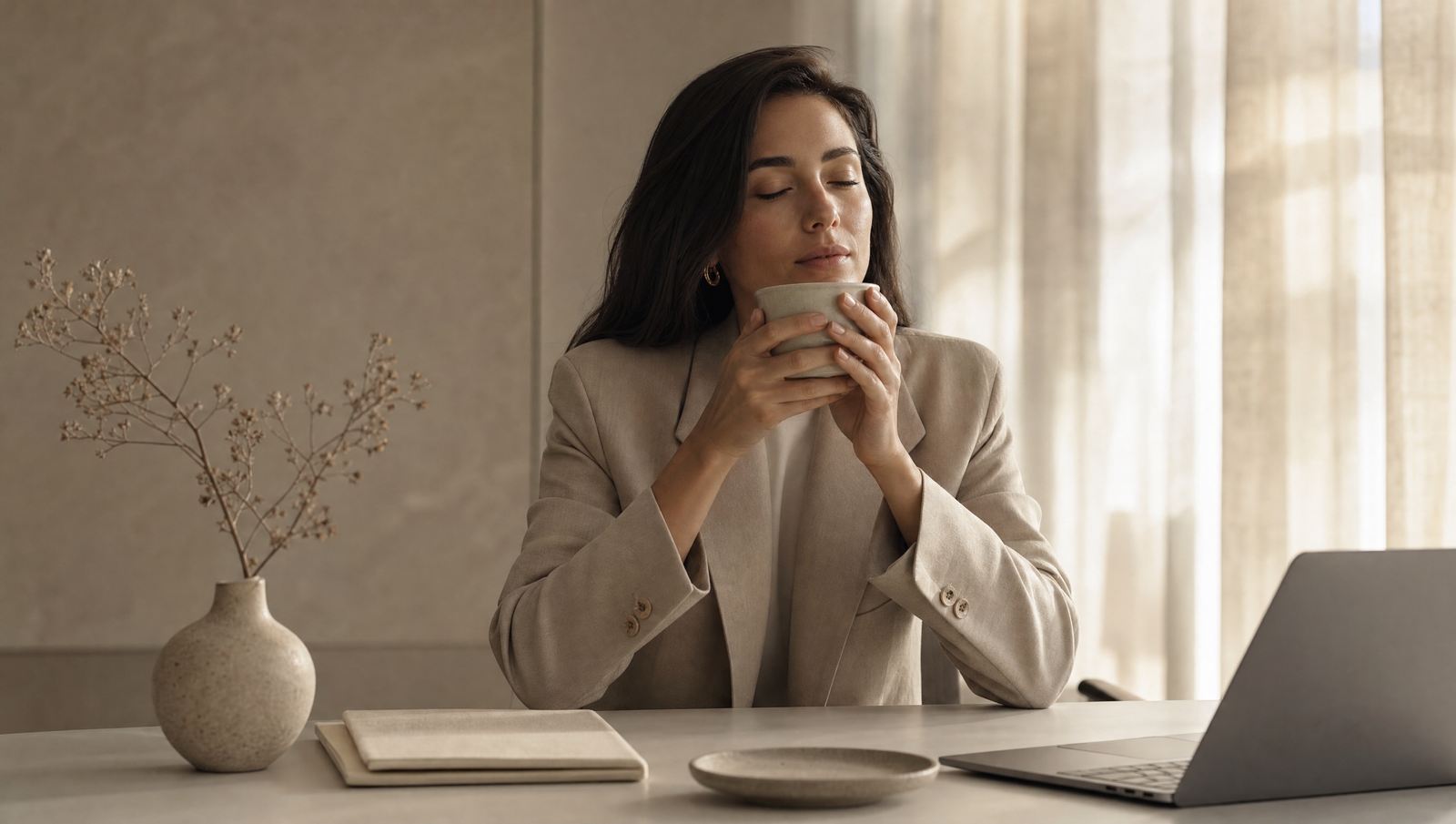 A professional woman pausing at her desk, eyes closed, holding a cup of tea in soft morning light