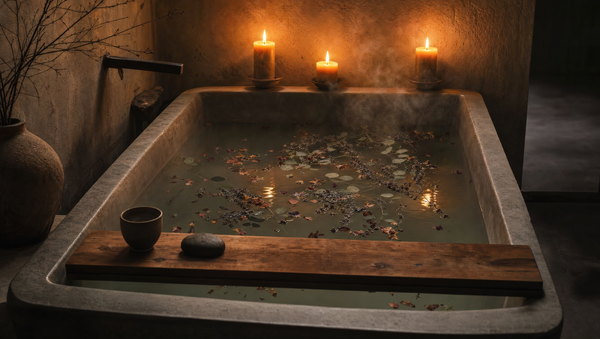 A stone bathtub filled with warm water, botanicals floating on the surface, three candles casting golden light in a dark bathroom