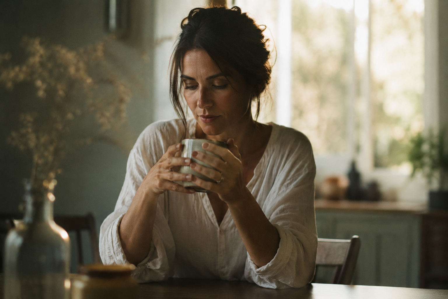 A woman pausing at a window, coffee cup in hand, looking outward in quiet thought — the city blurred behind her