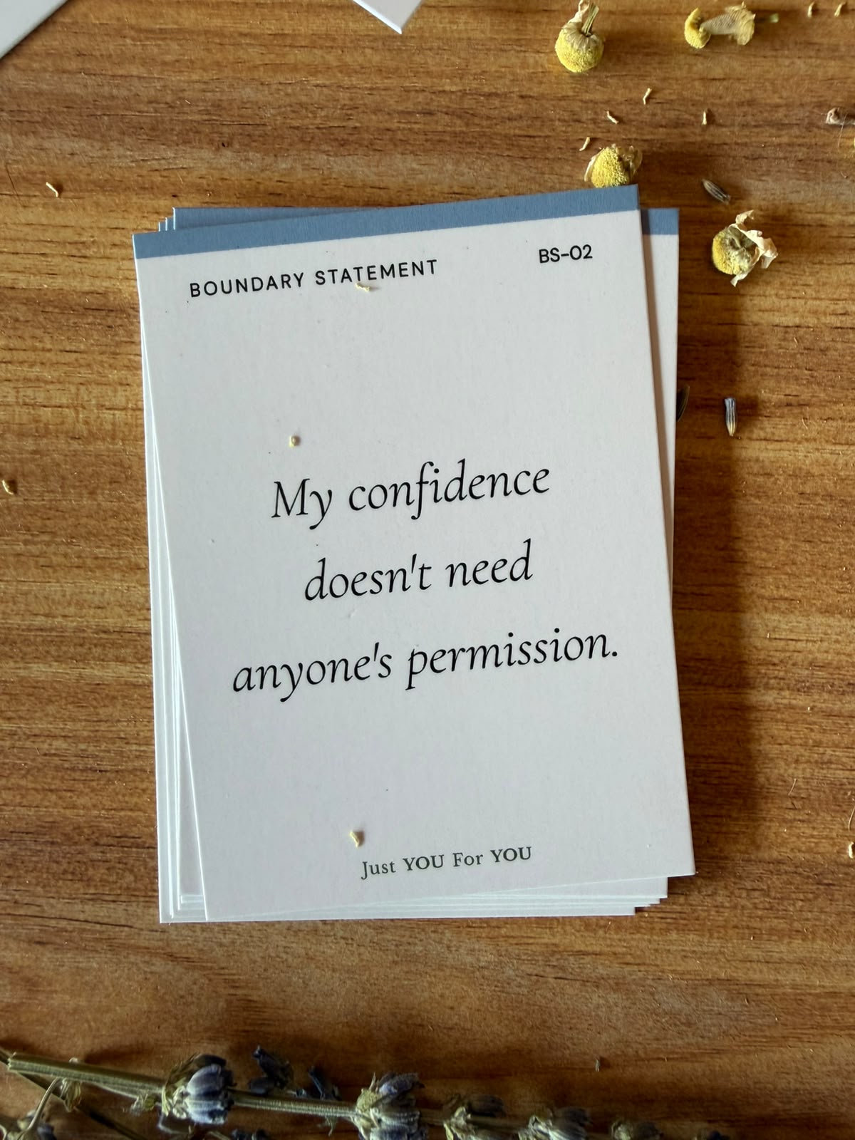 Release & Bloom — Release affirmation card close up, boundary statement