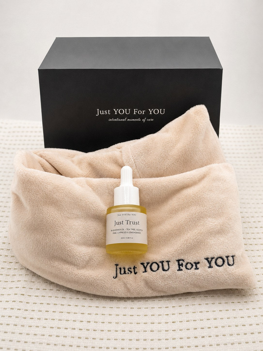Breathe & Trust — Soft Landing gift set, herbal pillow with Just Trust in-shower oil and the Just You For You gift box